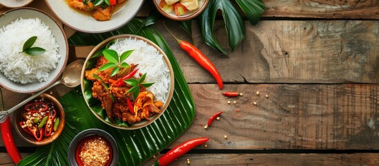 Aufkleber - Authentic Indonesian cuisine like Padang rice captured in photos with copy space image.