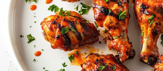 Aufkleber - Close-up image of buffalo sauce-marinated grilled chicken drumsticks on a white background with copy space image.