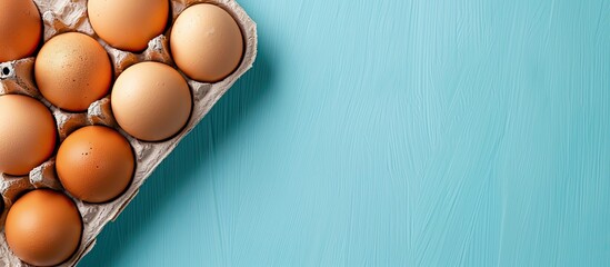 Poster - Fresh farm organic eggs in a tray on a blue background in a close-up shot, with ample space for text or images.