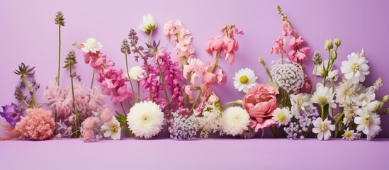 Poster - Assortment of pink, white, and purple flowers set against a light purple backdrop, ideal for a copy space image.