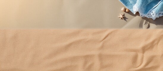 Aufkleber - Sandy beach seen from above with towel border, summer accessories, and visible sand texture, creating a background with copy space image on the left side.