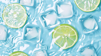 Wall Mural - Close-up image of lime slices and ice cubes floating in blue water