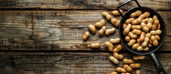 Aufkleber - Wooden background displaying a frying pan filled with roasted peanuts with ample copy space image.