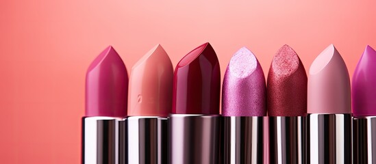 Poster - Close-up of various lipsticks against a pink backdrop with copy space image.