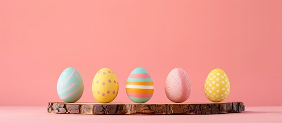 Poster - Colorful Easter eggs arranged around a wooden stand on a pink background, creating a vibrant and festive scene with copy space image.