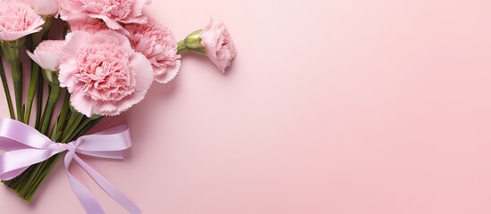 Poster - Top view of a bouquet of carnations and a gift box on a pink background for Mother's Day, weddings, and Valentine's Day, with space for adding your own image. with copy space image