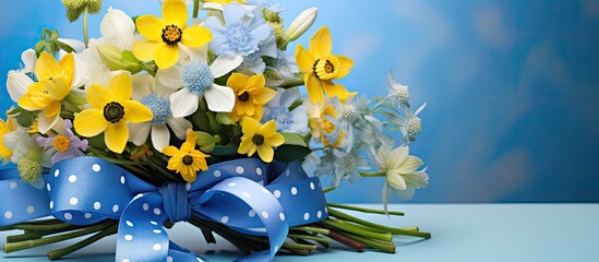 Aufkleber - Spring bouquet with blue flowers like anemones and hepaticas, scillas, yellow gageas, and a ribbon with polka dots on a colorful backdrop for postcard text in a copy space image.