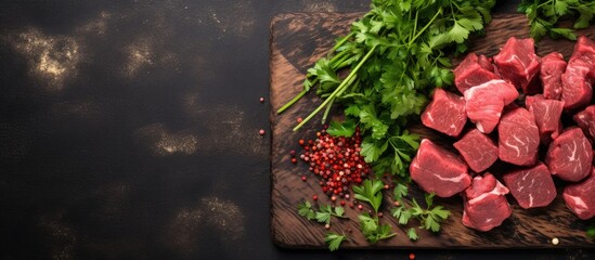 Fototapete - Top-down view of raw diced beef with parsley on a wooden cutting board set against a dark stone backdrop; perfect for recipes or culinary concepts with copy space image.