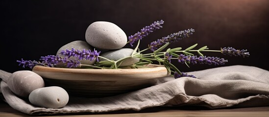 Aufkleber - A collection of massage stones with dried lavender provides a calming and aromatic experience with the inclusion of a soothing touch. with copy space image. Place for adding text or design