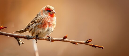 Poster - A House Finch perches on a branch in a portrait-style shot with a soft brown background, offering an ideal copy space image.