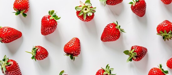 Poster - Top-down view of isolated strawberries on a white background with a blank area for text in the image. Suitable for flat lay patterns. with copy space image. Place for adding text or design