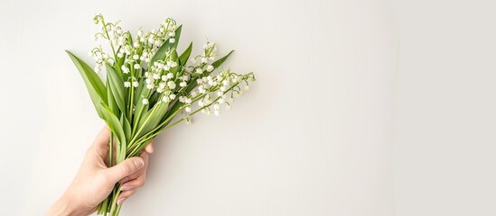 Aufkleber - A hand holding a bunch of delicate lily of the valley flowers on a white background from a top view, creating a copy space image.