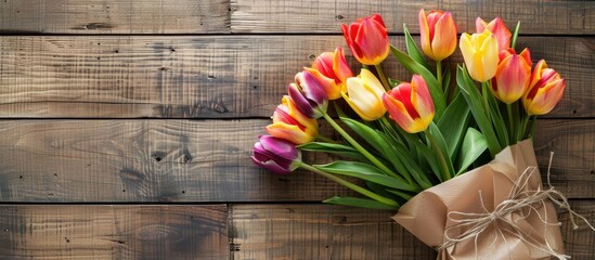 Aufkleber - Happy birthday message accompanies tulip bouquet in craft paper, placed on wooden table with copy space image.