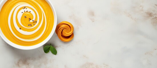 Aufkleber - Creamy pumpkin soup with a silky texture, showcased on a marble background with ample copy space in a top-down view.