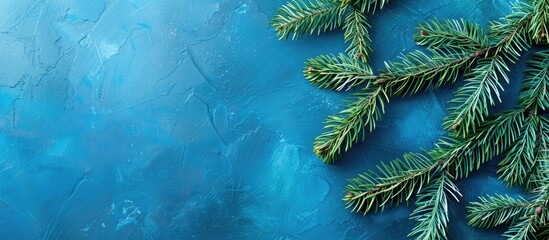 Aufkleber - A Christmas-themed card featuring fir branches set against a blue backdrop with copy space image.