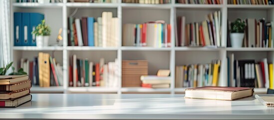 Poster - An image of a white table in a blurry study room with books, stationery, and space for text or graphics. with copy space image. Place for adding text or design