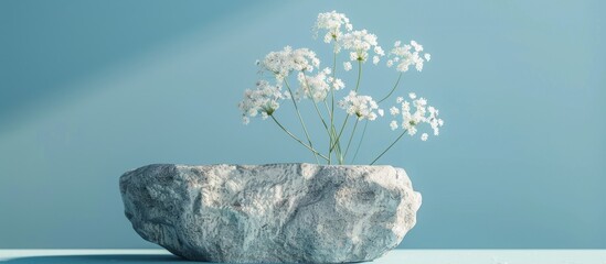 Poster - Flat granite pedestal and white flowers on blue background. Stone stand for natural design concept. Horizontal image, center composition, hard light, front view. Copy space image. Place for adding