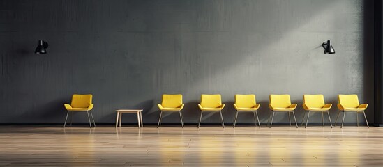 Poster - Wooden floor with yellow seats empty against a gray wall, with copy space image.