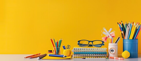Poster - Back to school scene with various school supplies displayed on a white table, set against a yellow background for a copy space image.