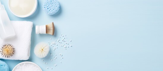 Aufkleber - Top view flat lay composition of a woman's morning routine for face cleaning care with white and blue items on a light blue desk, including copy space image.