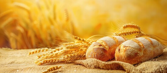 Fototapete - bread on a pastel background Food  Isolated  Gold  pastel  Bread, Wheat, Healthy, Bakery, Dinner, Pastry, Baked, Cereal, Flour, Yeast, Carbohydrates, Golden, Crust, Loaf, Keywords, Copy, Whole,