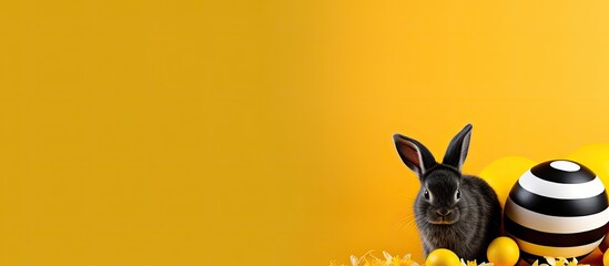 Aufkleber - Trendy Easter-themed greeting card with black, gold-striped eggs, white bunny rabbit decorations, tulip flower on a vibrant yellow backdrop, with space for adding text or images