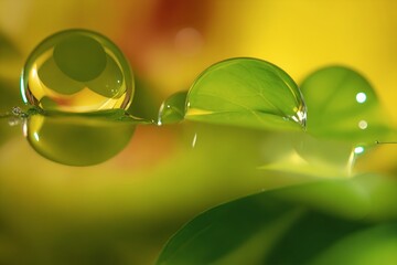 Macro shot of green water droplets on leaf with yellow background, nature abstract and serene scene