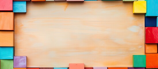 Poster - Various colorful wooden pieces are arranged in a frame with ample copy space for text input, creating an isolated background with a textural element.