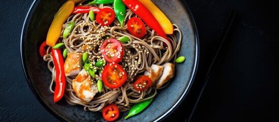 Poster - Top-down view of a grey bowl containing Japanese buckwheat soba noodles with chicken, carrots, bell pepper, and green beans, suitable for adding a copy space image.