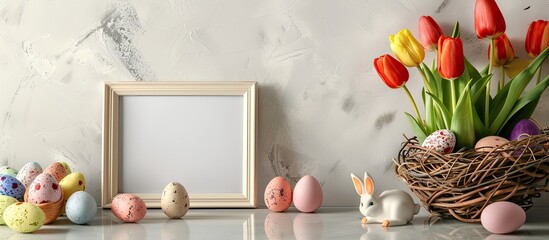 Aufkleber - A table displaying a blank photo frame surrounded by a nest filled with Easter eggs, rabbits, tulips, all against a light wall, creating a perfect copy space image.