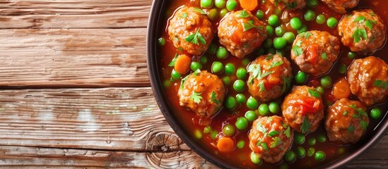 Aufkleber - A top view image of meatballs, green peas, and carrot in tomato sauce on a wooden table, featuring copy space.