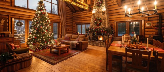 Aufkleber - The interior of a country house is decorated with a Christmas tree in anticipation of the holiday. a large spacious light room is decorated with wood. the table is festively served