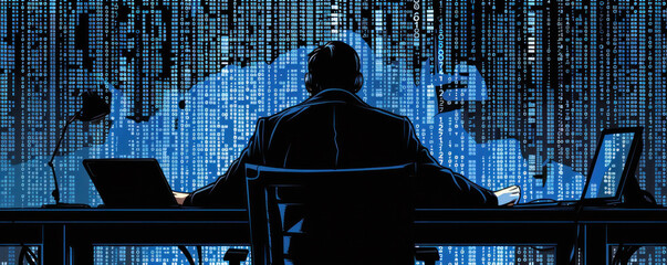 Poster - A man is sitting at a desk with a laptop and a computer monitor. The man is wearing a suit and he is working on a computer. The room is dimly lit and the atmosphere is serious and focused