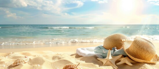 Aufkleber - Sandy beach with summer essentials like a sun hat, bag, and towel. Summer-themed background with room for text or image insertion. with copy space image. Place for adding text or design