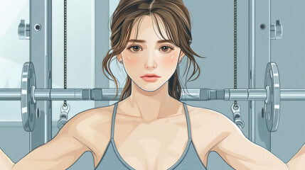 Wall Mural - A woman is posing in a gym with a weight machine. She is wearing a blue tank top and has her arms raised. Concept of strength and determination, as the woman is focused on her workout