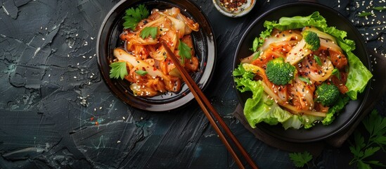 Wall Mural - Flat lay composition of homemade organic Korean kimchi salad on a dark table with chopsticks, showcasing fermented vegan gut-friendly food; background with copy space image.