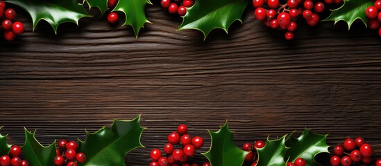 Poster - Botanical festive flat lay top view with red holly berries and green branches on a white background for a winter natural decoration. Ideal for a copy space image.