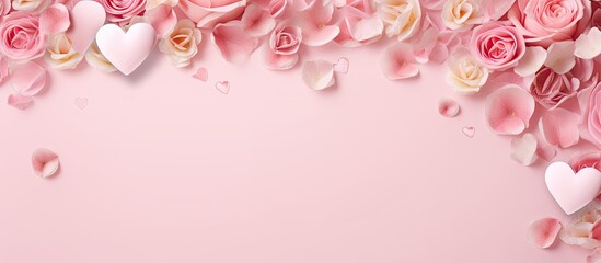 Aufkleber - Valentine's Day background with a frame created from rose flowers and confetti on a pink backdrop, excellent for copy space images.