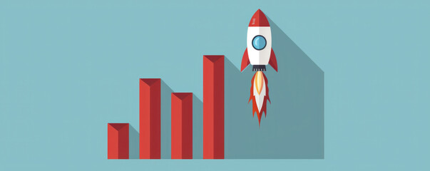 Poster - A rocket is flying through the sky above a series of red bars. The bars represent a graph or chart, and the rocket's trajectory suggests that it is reaching new heights or breaking through barriers