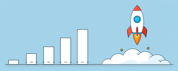 Poster - A rocket is flying through the sky above a series of bars that represent a growth chart. The rocket is red and white, and it is soaring high above the chart. Concept of progress and achievement