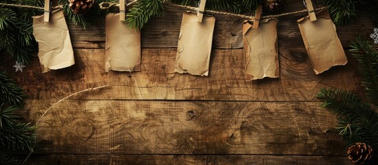 Poster - Rustic Christmas-themed copy space image with vintage paper on clothespins against a wooden background adorned with decorations.