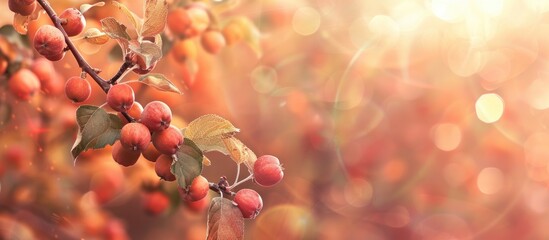 Poster - Autumn-themed banner featuring a branch of a native apple tree with small red fruits on a blurred background for a copy space image.