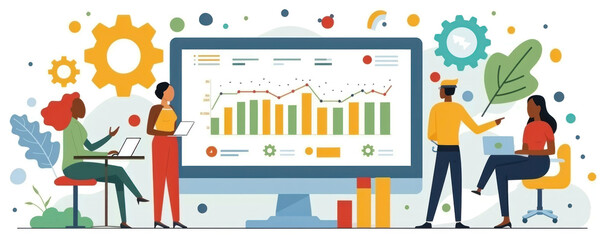 Wall Mural - A group of people are working on a computer monitor with graphs and charts. Concept of collaboration and teamwork as the group works together to analyze data and make decisions