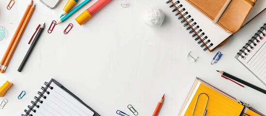 Aufkleber - A flat lay setup with notebooks, pencils, binders, and various stationery items on a white background. The image includes copy space, showcasing a creative workspace theme for the back-to-school