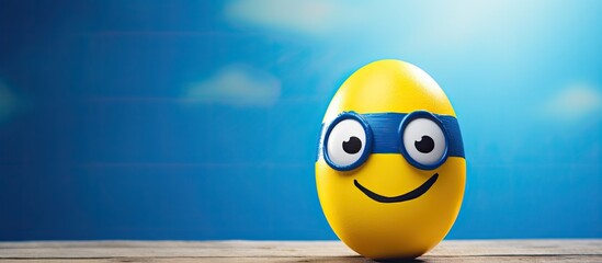 Poster - Easter egg with a cheerful face painted, set against a vibrant blue and yellow backdrop, resembling the Ukrainian flag, with sunbeams illuminating it and copy space image.