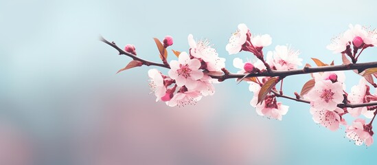 Fototapete - A branch adorned with pink blossoms against a blurry backdrop, providing a serene copy space image.
