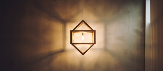 Poster - Geometric chandelier hanging in a square frame against a window and wall in a home with copy space image.