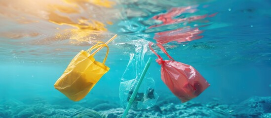 Poster - Plastic carrier bags and straws pollution in ocean. Copy space image. Place for adding text or design