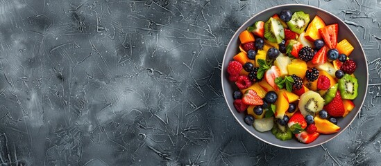 Leinwandbilder - Healthy fresh fruit salad in a bowl on a gray background. with copy space image. Place for adding text or design