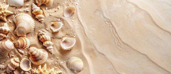 Aufkleber - Top view of seashells on sandy beach creating a textured background with space for text. Ideal for a summer vacation theme, with neutral colors and a focused composition. with copy space image